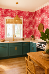 Palm leaf patterned wallpaper with a red and white design.