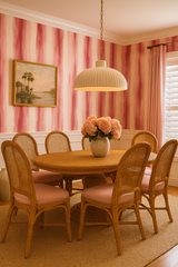 Crimson Veil Wallpaper with pink and white stripes and watercolor texture.
