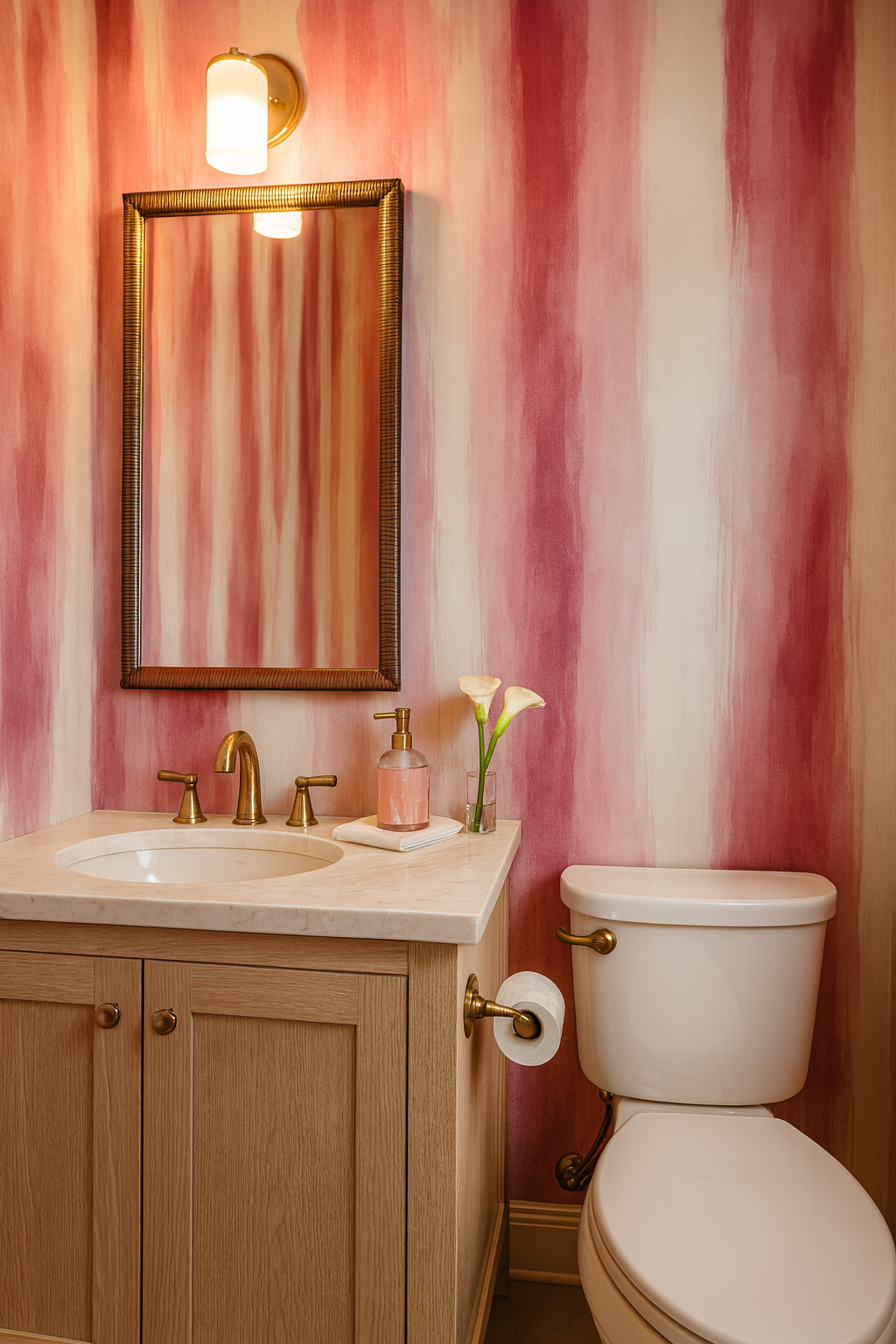 Crimson Veil Wallpaper with a red and white watercolor stripe pattern.
