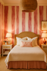 Crimson Veil wallpaper with a vertical stripe design, in a red and white color scheme.

