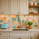 Palm Springs mosaic wallpaper in shades of orange, pink, and green, with geometric patterns.
