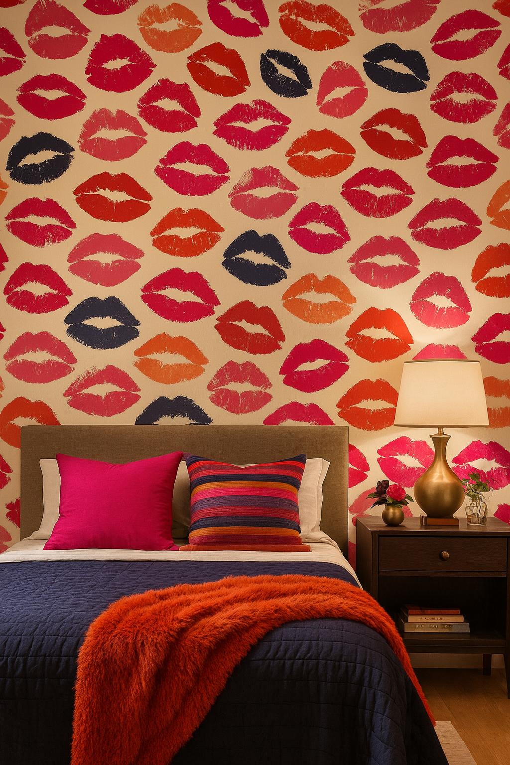 Velvet Kiss Wallpaper with multicolored lipstick pattern on a cream-colored background covering the wall in a bedroom setting.
