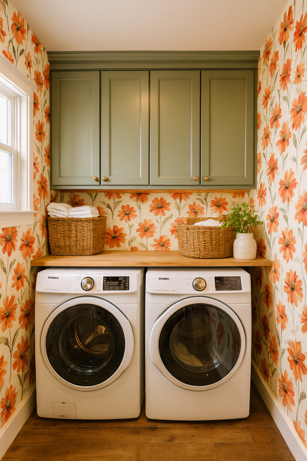 Floral Sun-Kissed Tithonia Wallpaper with orange daisy pattern covering the walls of a laundry room.
