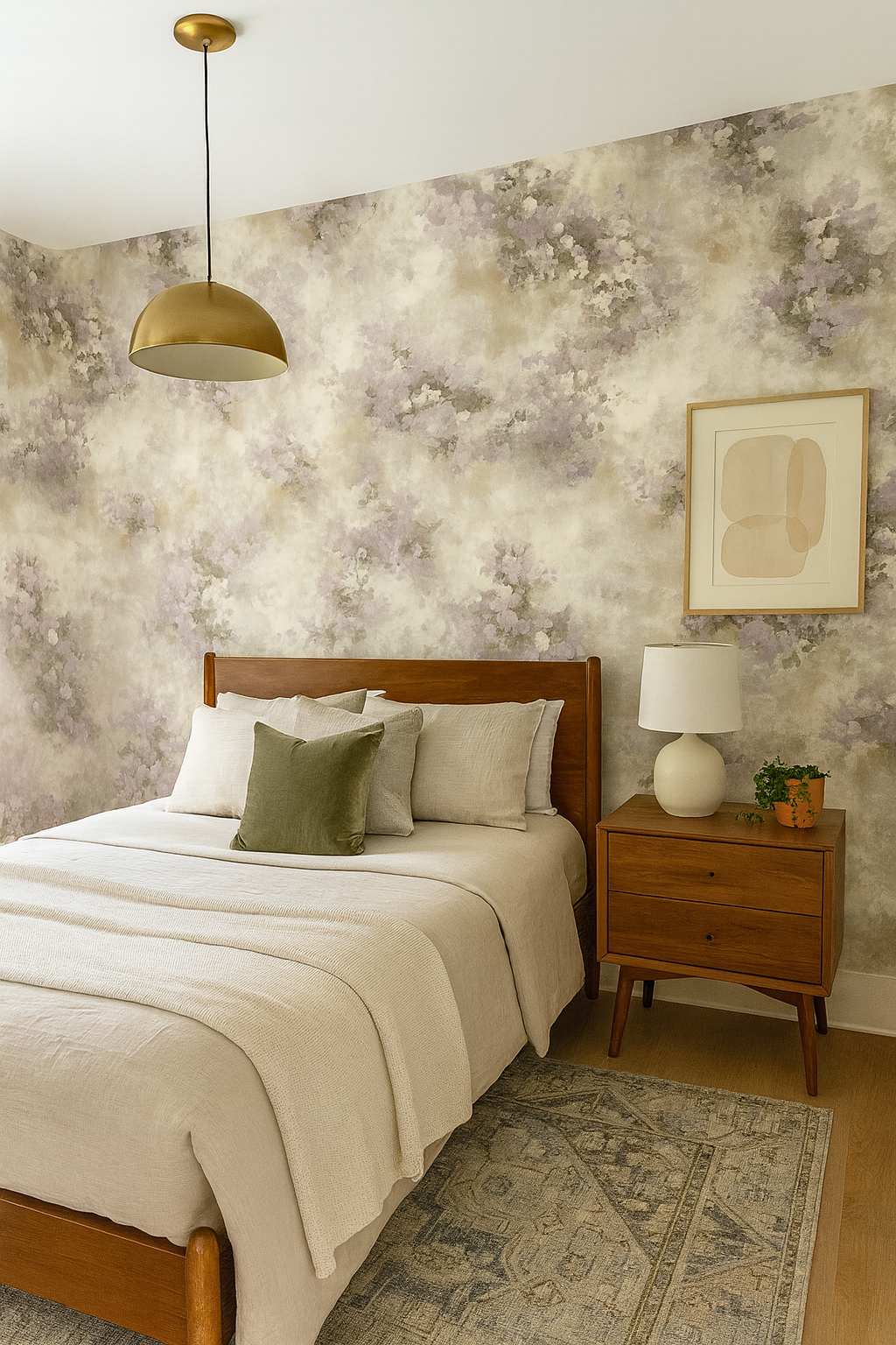 Floral wallpaper by York Wallcoverings, covering the bedroom wall above a bed with cream linens.