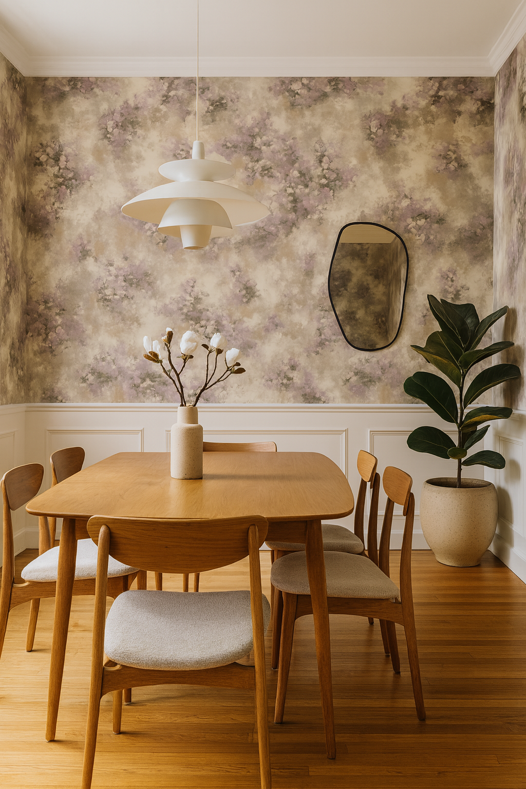 Sagebrush Mist wallpaper with floral pattern, set above white wainscoting in a dining room.