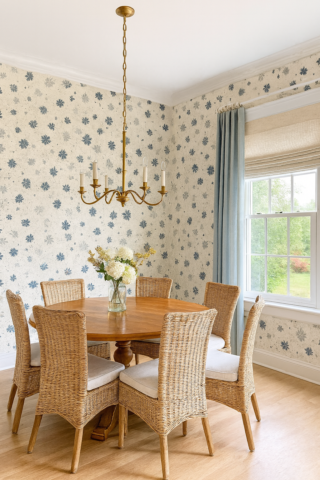 Floral confetti wallpaper with blue flower pattern on white textured backdrop.