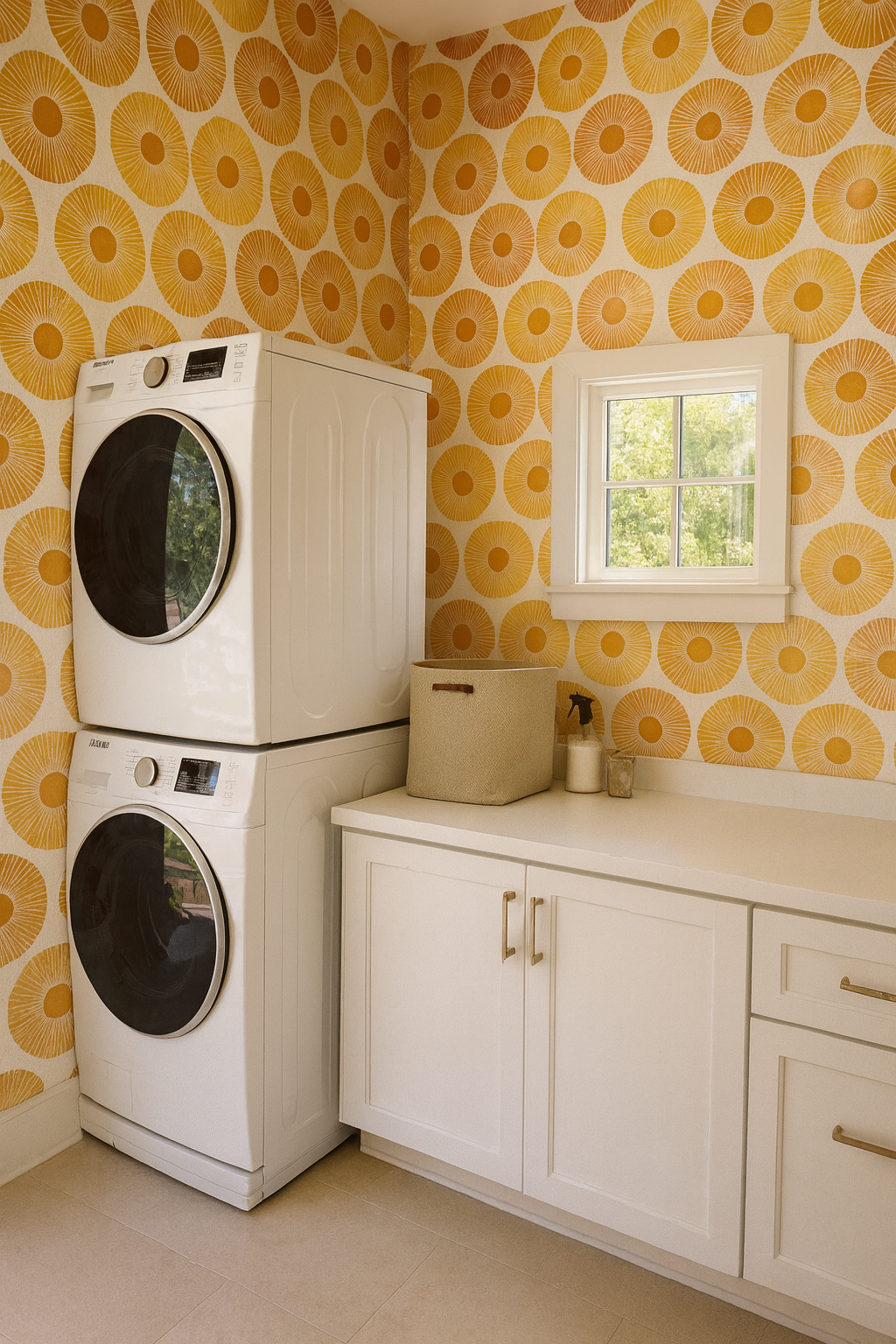 Yellow and white patterned wallpaper with a circle design and sunburst detail.