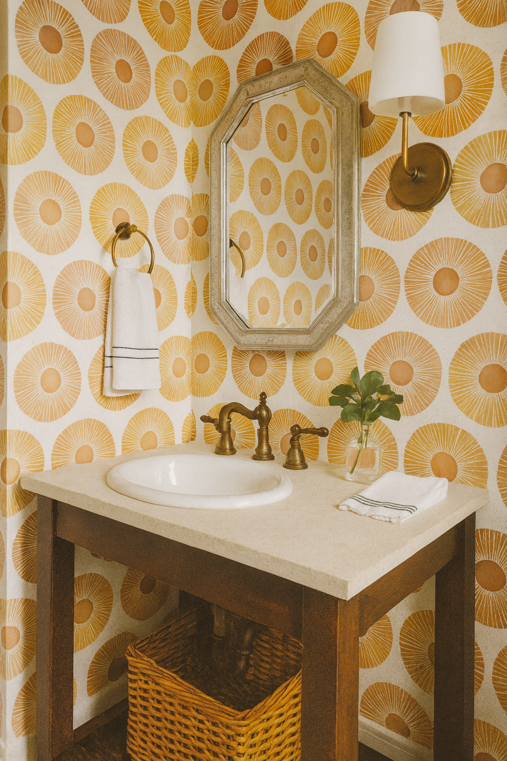 Yellow patterned wallpaper with concentric circles, and octagonal mirror with silver frame.
