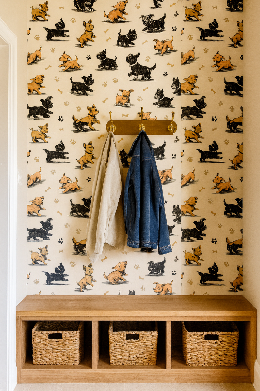 Terrier Tango wallpaper with dog pattern and bone design on off-white paper.