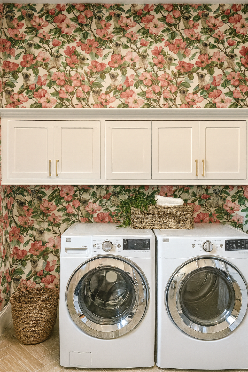 Patterned Pug Parade in Petal Grove wallpaper with pink floral pattern and pug details, covering laundry room walls.
