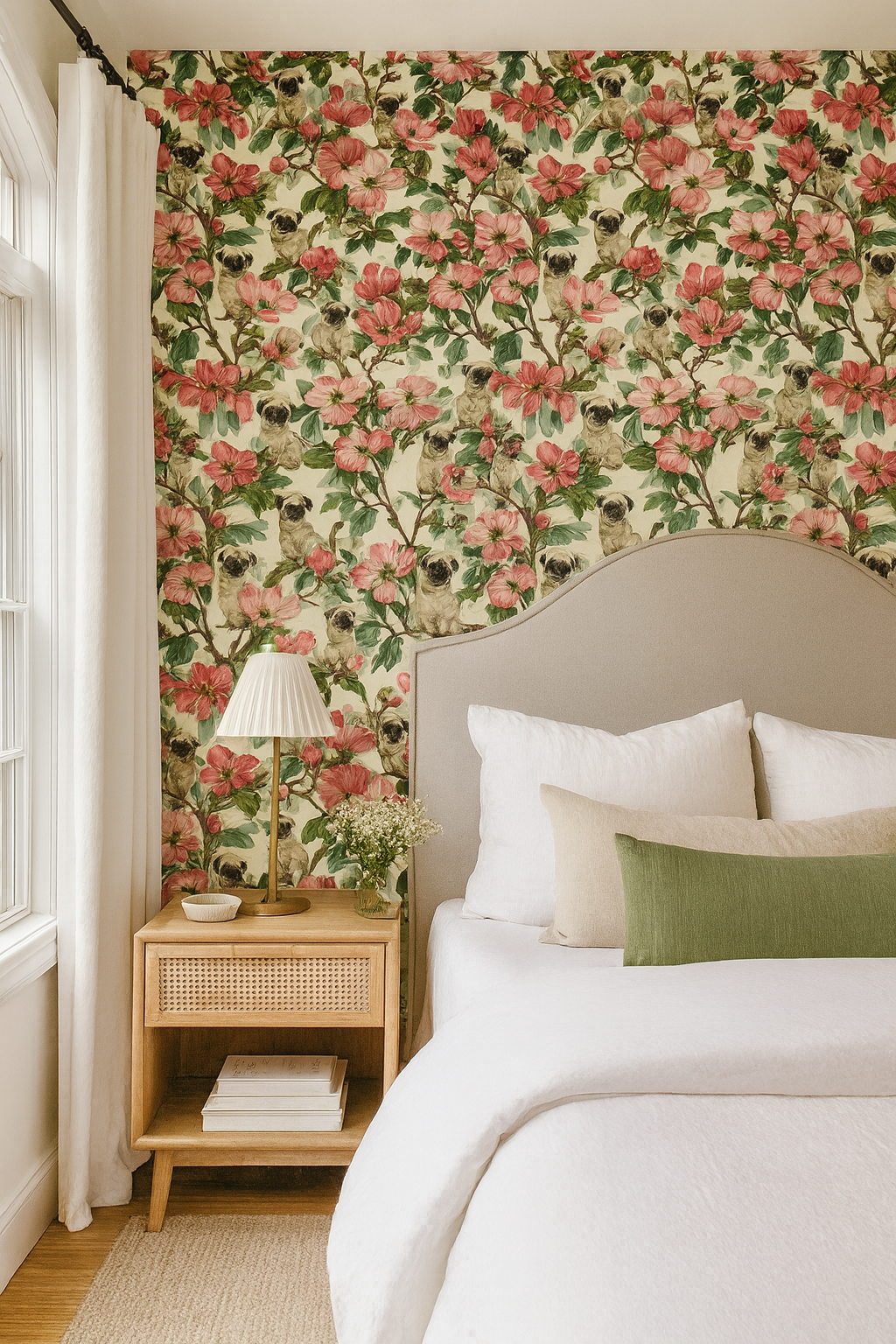 Floral pattern wallpaper with pugs in Petal Grove, featuring pink flowers and green leaves.
