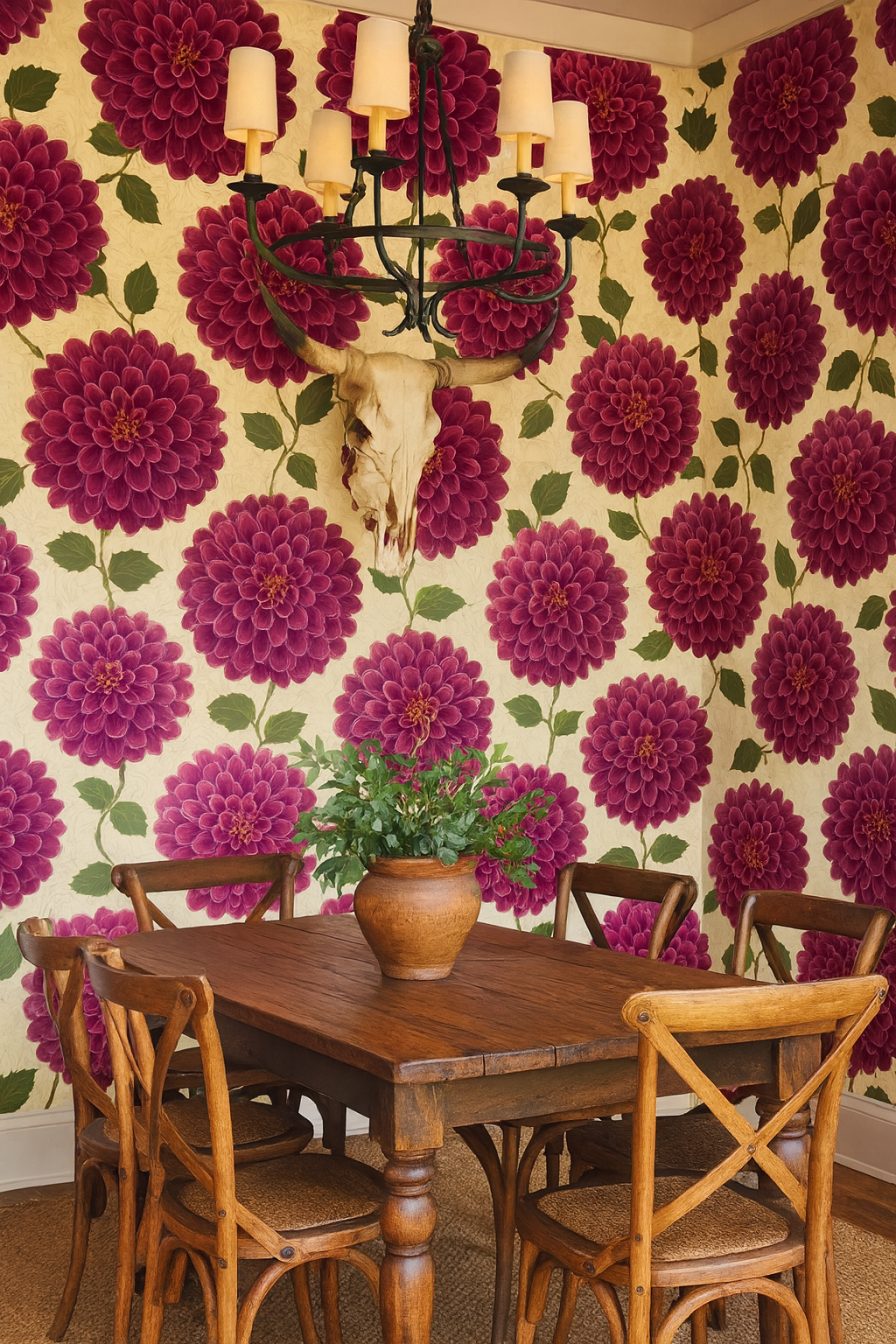 Dahlia drama wallpaper with red flower pattern over a beige background.