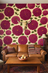 Floral Dahlia Drama Wallpaper with burgundy blossoms by Brewster, against a beige background with foliage details.
