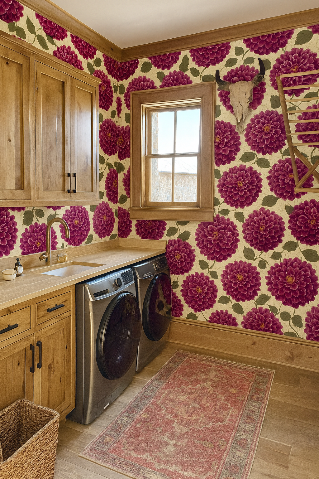 Dahlia drama wallpaper with floral pattern, featuring maroon petals and green leaves.
