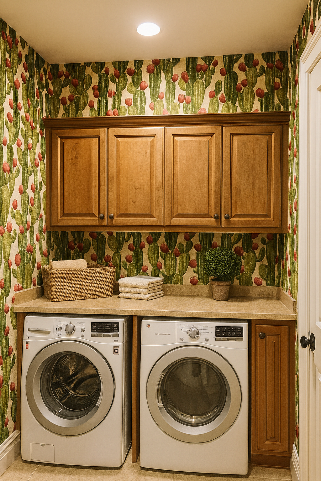 Cactus-patterned wallpaper with reddish-pink fruit, by York Wallcoverings, in a laundry room with a washer, dryer, and brown wood cabinets.
