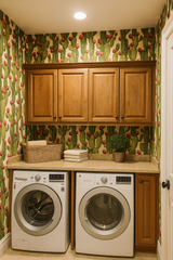 Cactus-patterned wallpaper with reddish-pink fruit, by York Wallcoverings, in a laundry room with a washer, dryer, and brown wood cabinets.
