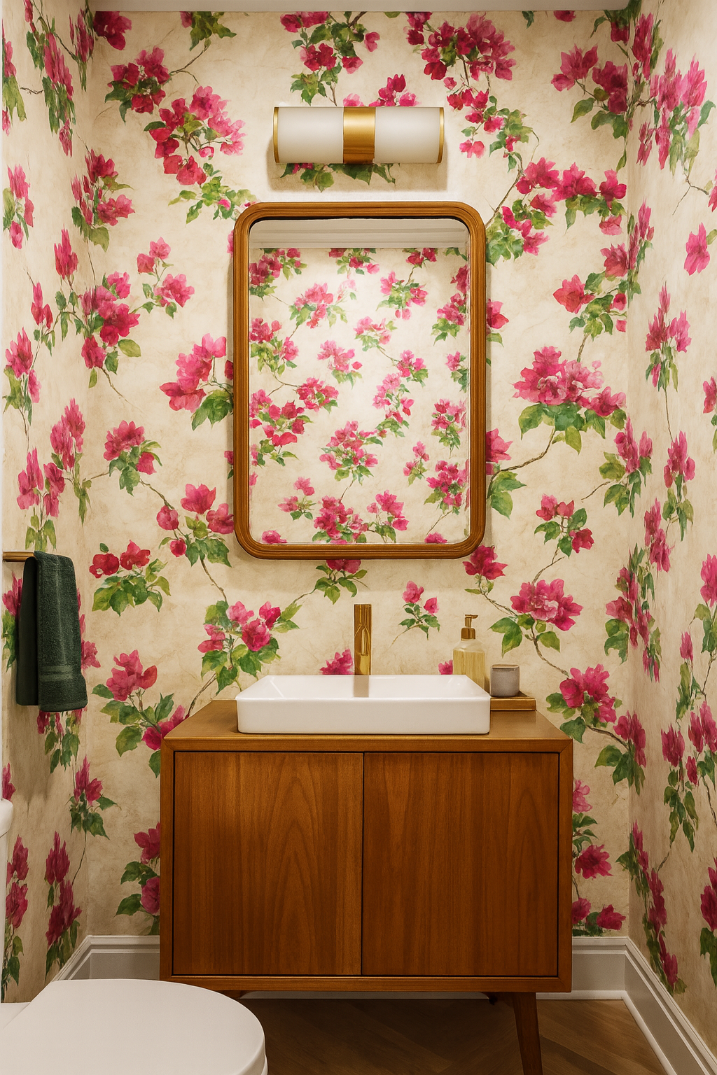 Bougainvillea Waltz Wallpaper with floral pattern on beige background.
