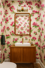 Bougainvillea Waltz Wallpaper with floral pattern on beige background.
