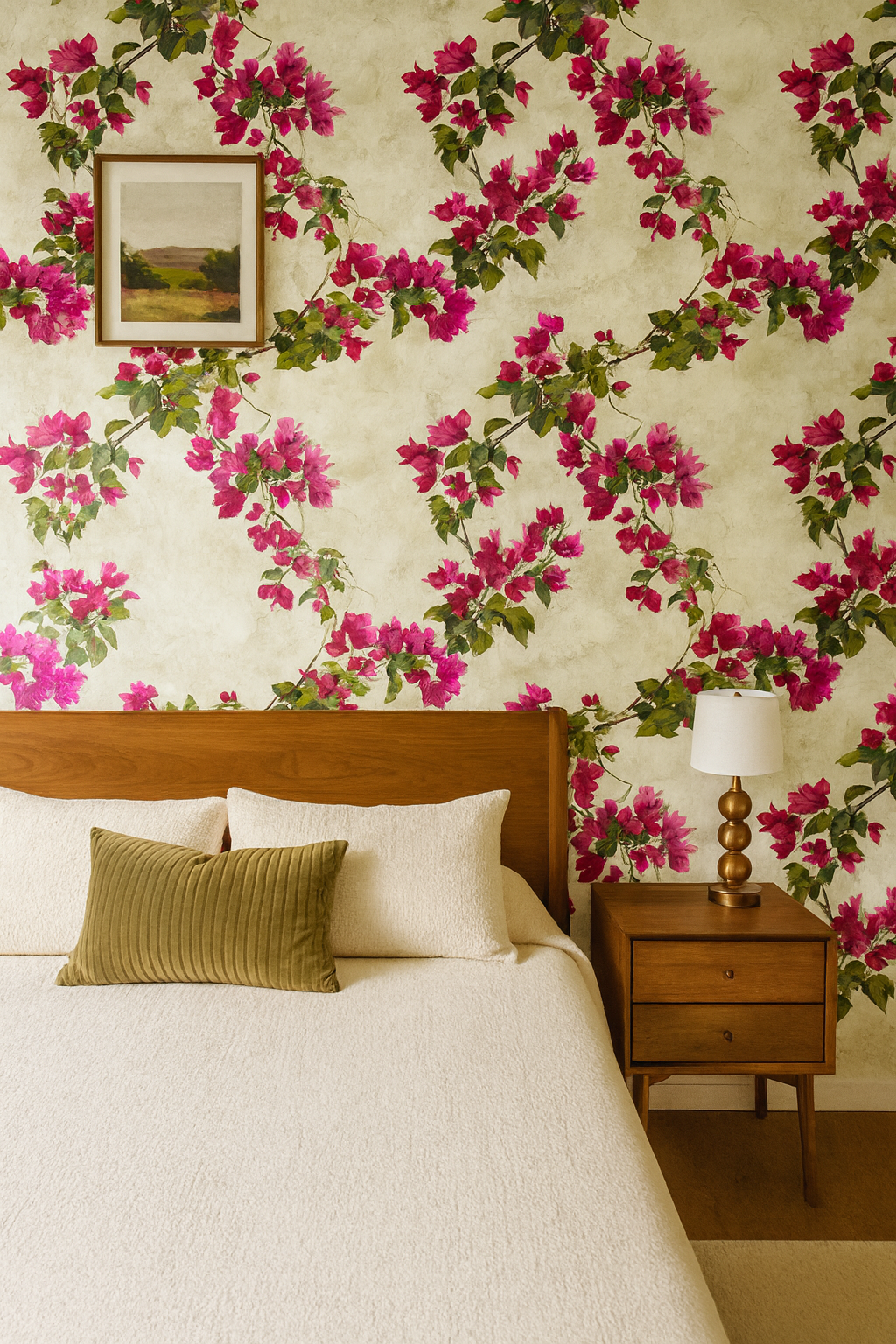 Bougainvillea Waltz wallpaper with a floral bougainvillea pattern on an off-white textured background.