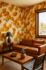 Floral wallpaper with orange marigold pattern on a beige background.
