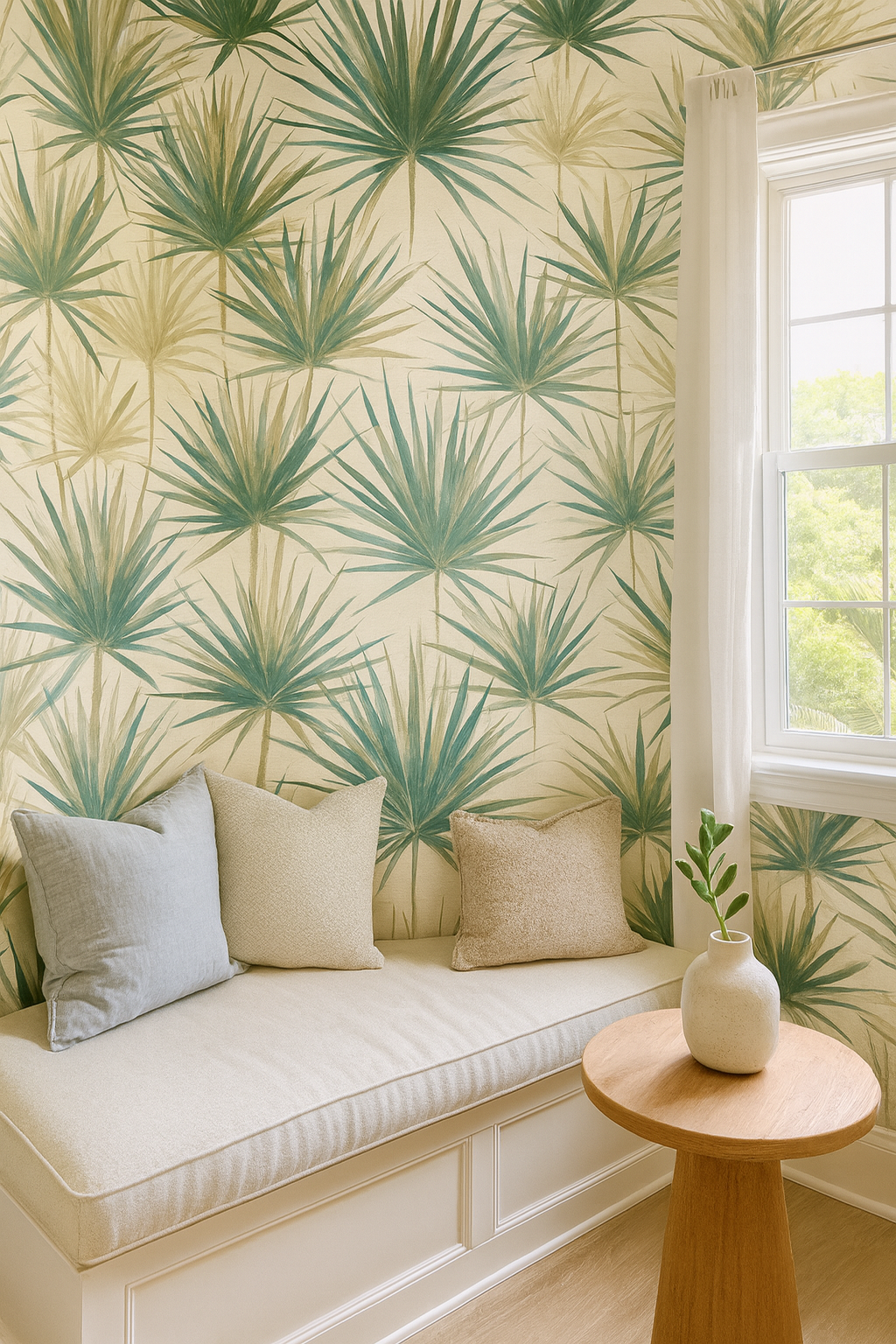 Yucca Mirage wallpaper with green palm leaf pattern on a cream background.