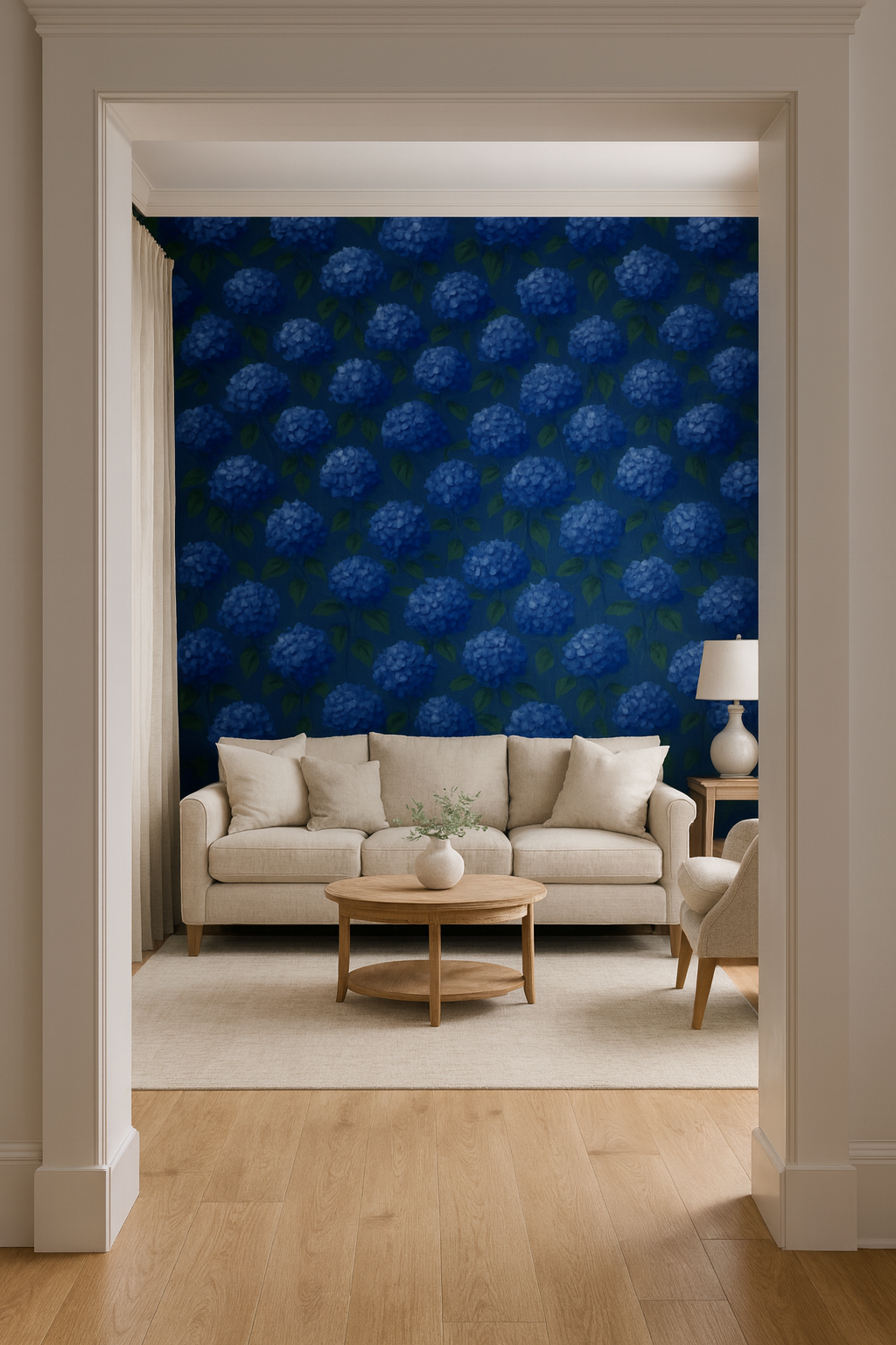 Blue floral wallpaper with a hydrangea pattern, styled with neutral furniture.
