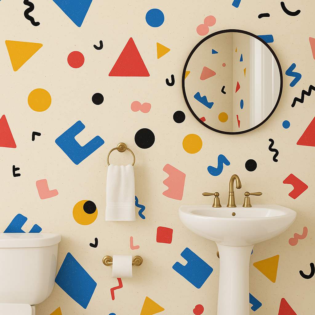 Geometric scatter pop wallpaper with colorful shapes on a beige background.