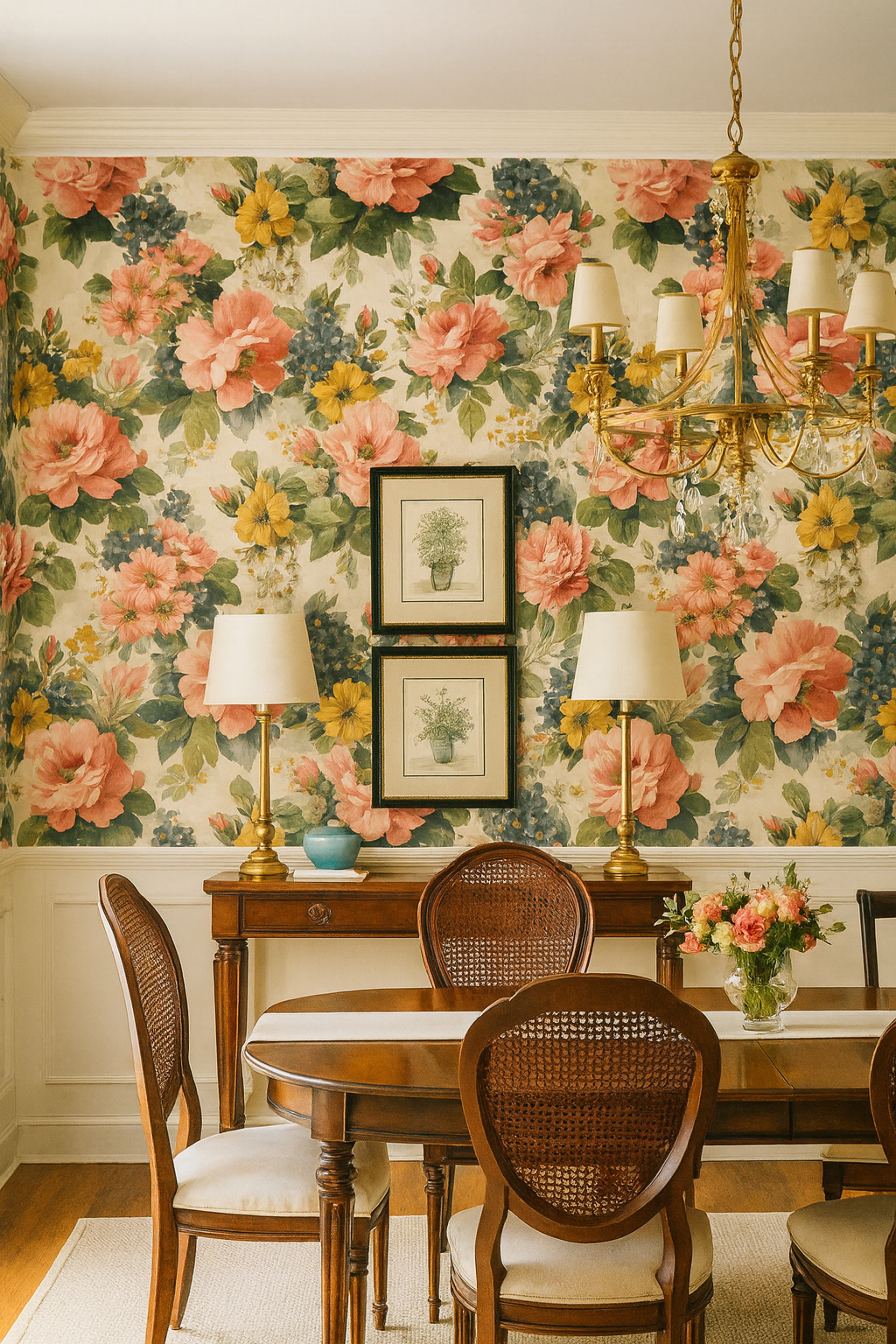 Floral wallpaper with watercolor pattern, featuring roses and other blooms in pink, yellow, and blue.