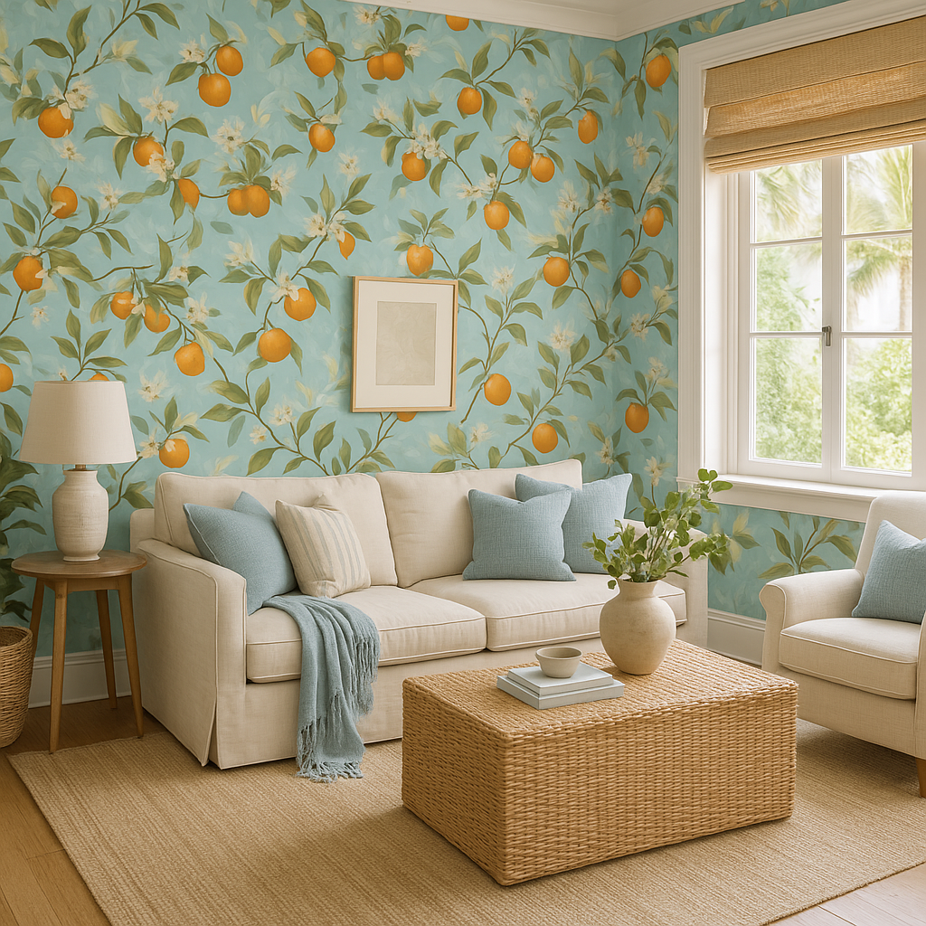 Citrus Grove Blossoms Wallpaper with an orange tree pattern on a blue background.