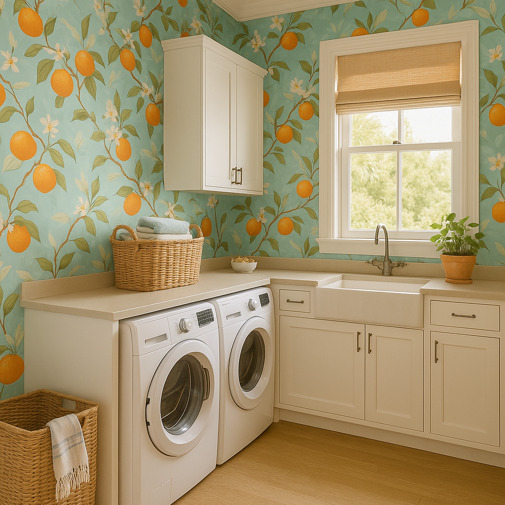 Citrus Grove Blossoms Wallpaper with orange fruit pattern on a light blue background.