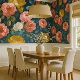 Floral wallpaper by Wallshoppe with pink, white and yellow bloom patterns on a dark green background.