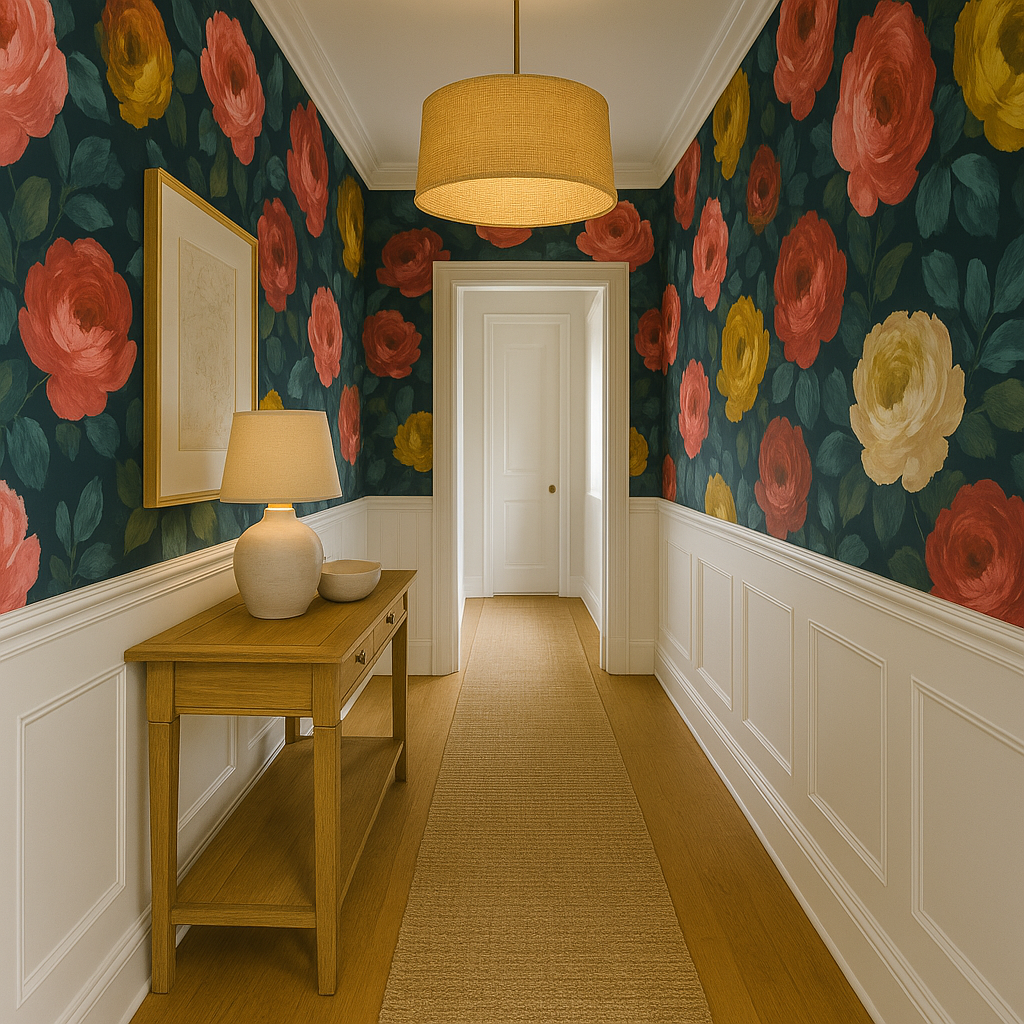 Floral Bloomscape Wallpaper with coral roses from Bloomscape, on a navy background with a dense green leaf pattern.