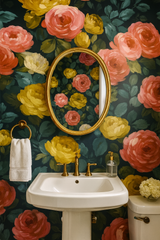 Floral Bloomscape Wallpaper with coral and yellow flowers and dark green leaves.