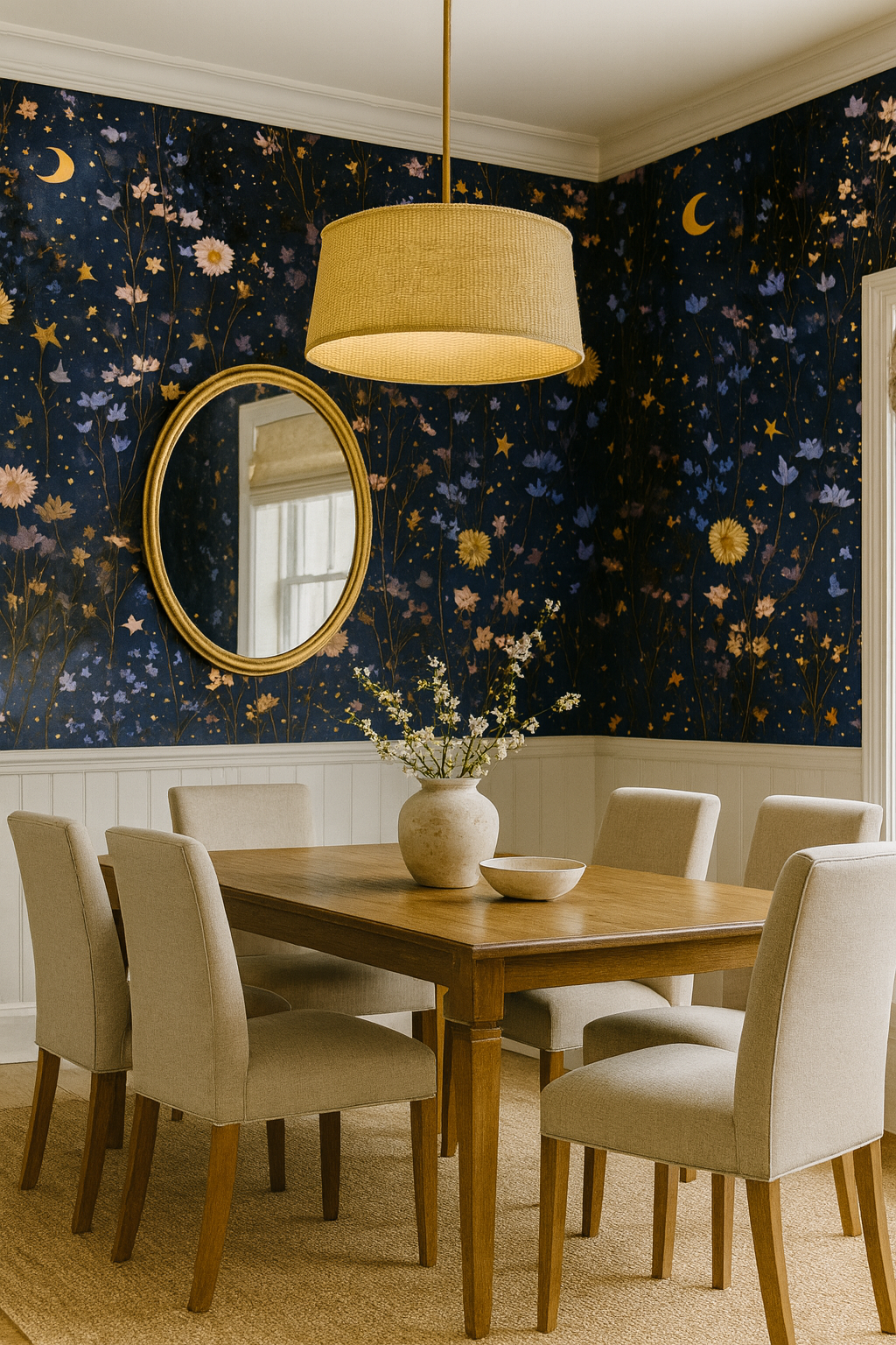 Floral Meadow Magic Wallpaper with moon and star accents, decorating a room.
