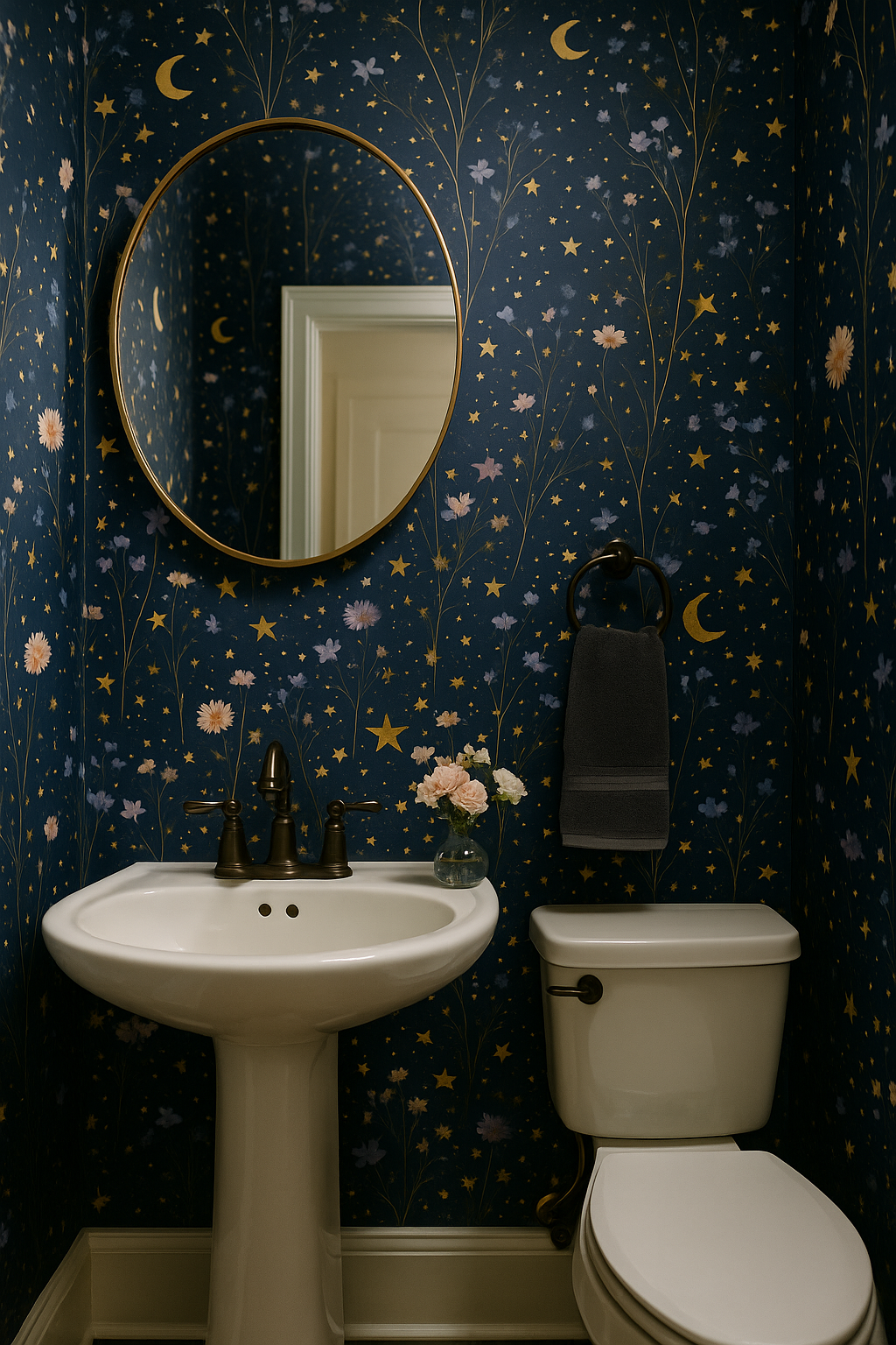 Meadow Magic wallpaper with stars, moon and floral pattern on navy ground.

