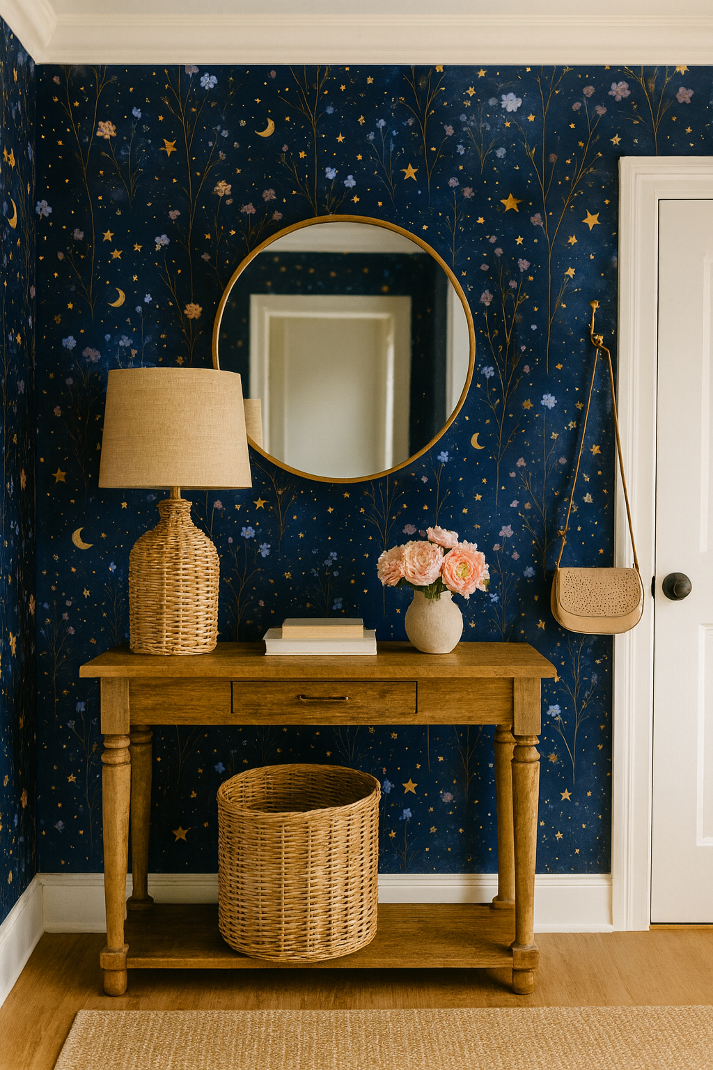 Floral pattern wallpaper with stars and moon designs, on a dark blue backdrop.
