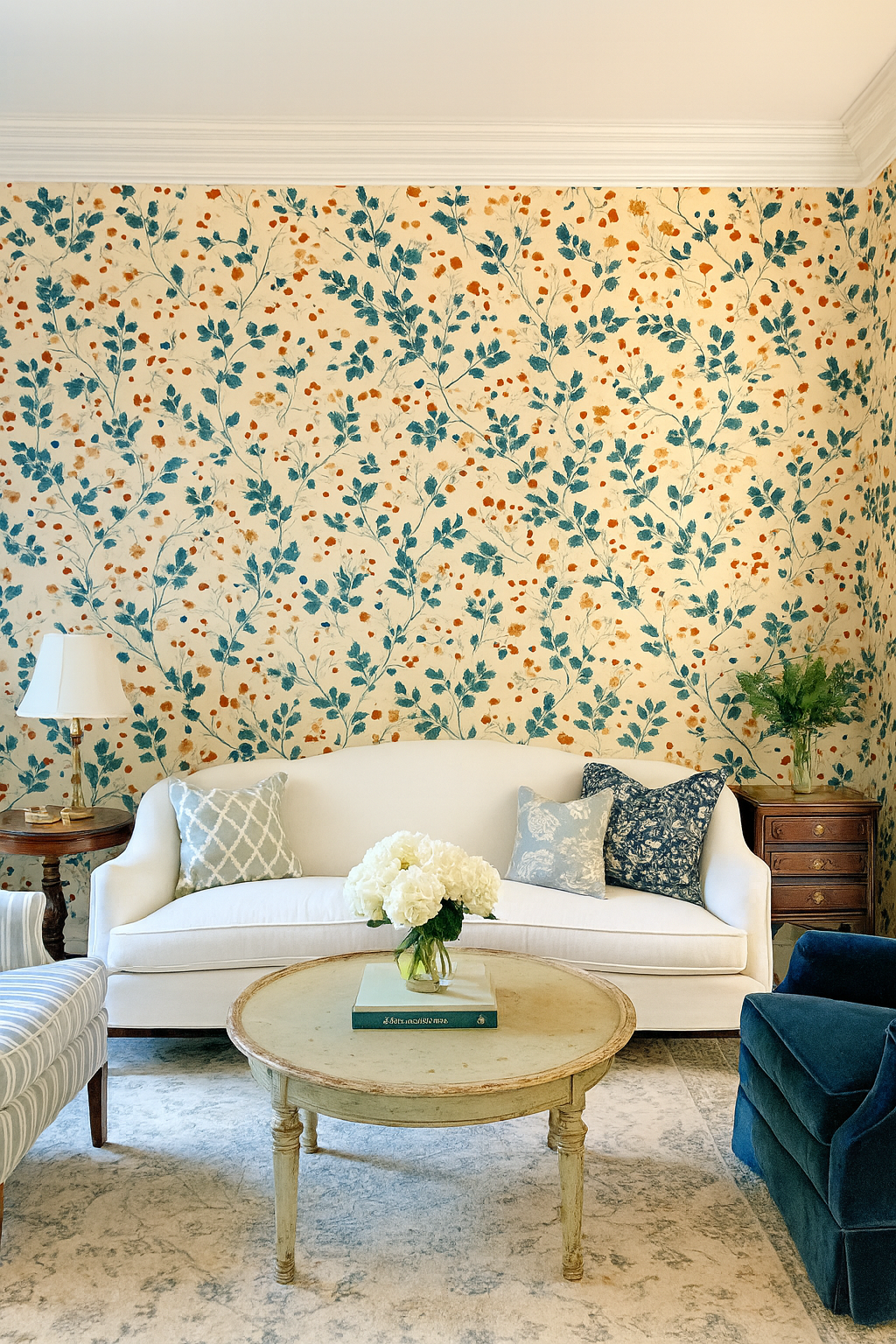 Wildberry Tangle Wallpaper with leaves and berries, covering the wall in a botanical pattern.
