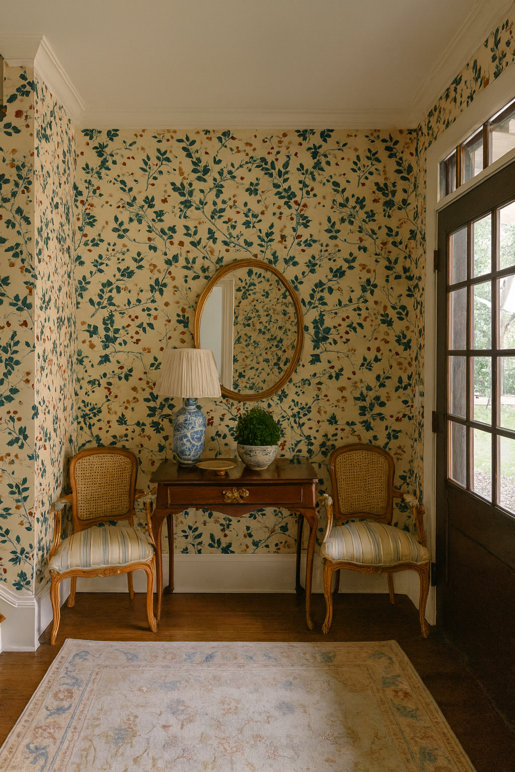 Floral wallpaper with a green and brown pattern on a tan background, covering the walls of an entryway.
