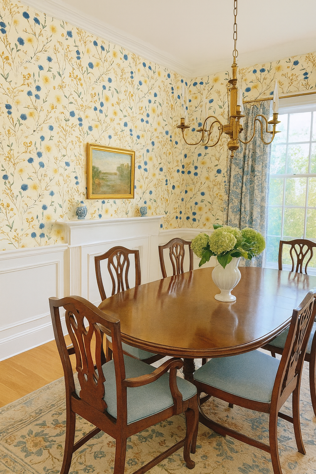 Floral Cornflower Parade Wallpaper with blue and yellow flowers on an off-white background.