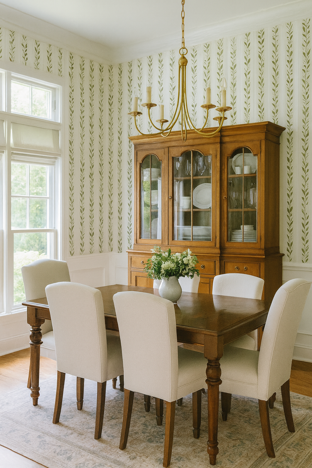 Olive stripe wallpaper with a vertical leaf pattern against a white background.