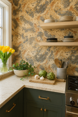 Terra Fossil Wallpaper with mottled effect, showing beige, brown and gray stone-like pattern.
