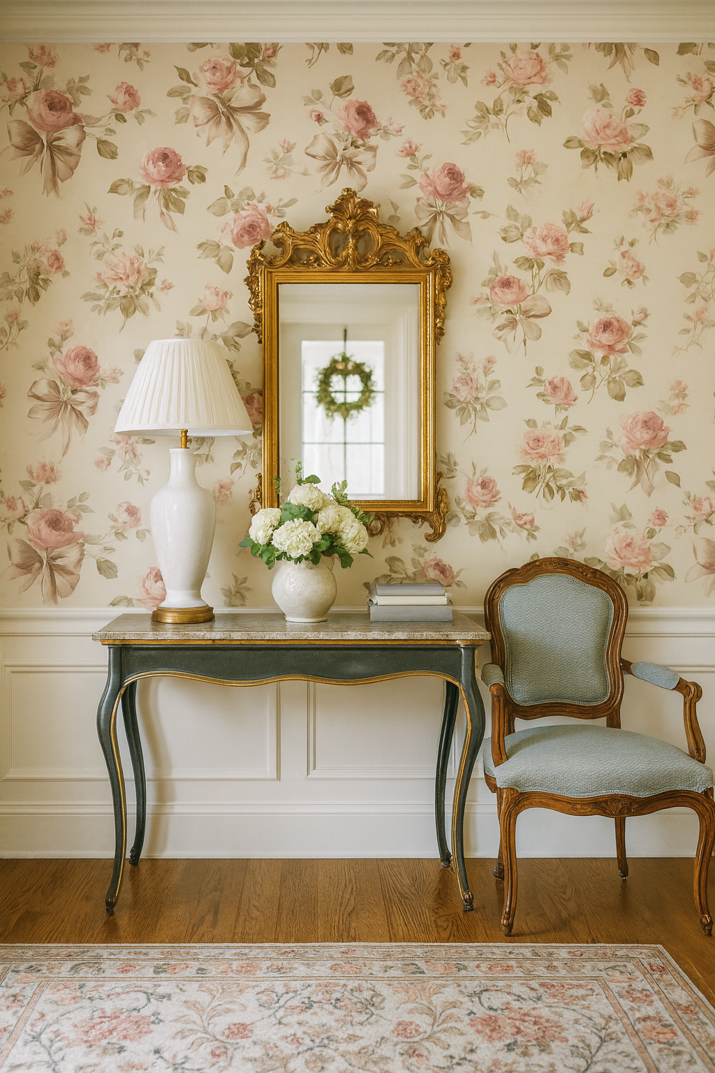 Ribbon & Rose Society wallpaper with floral pattern, including roses and ribbons, on a neutral background.