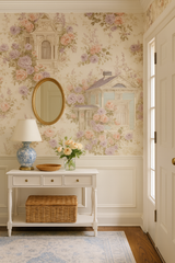 Floral wallpaper with house motifs on a pale beige background.
