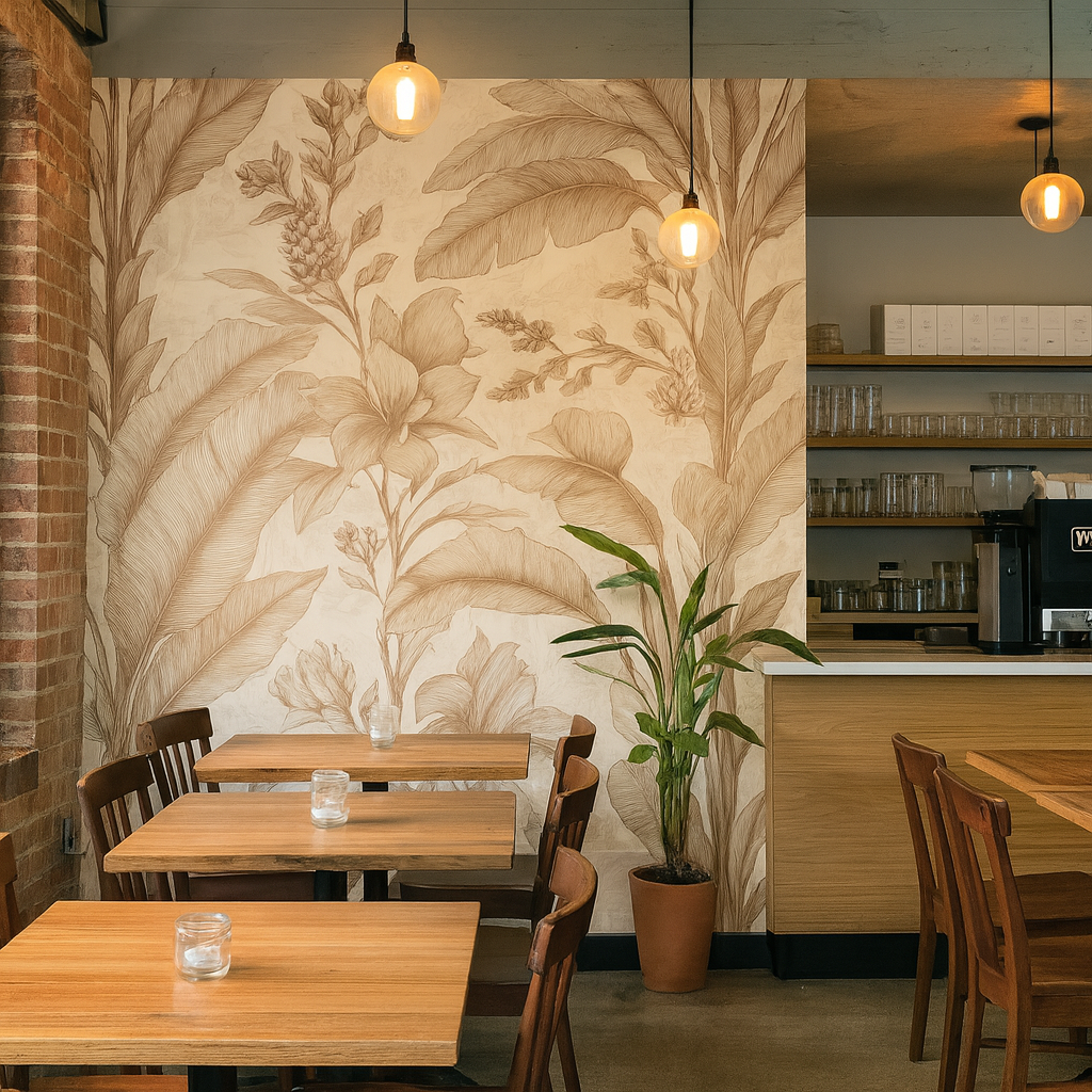 Sepia Botanica Wallpaper with a botanical leaf pattern, decorating a cafe wall with wooden tables and chairs.
