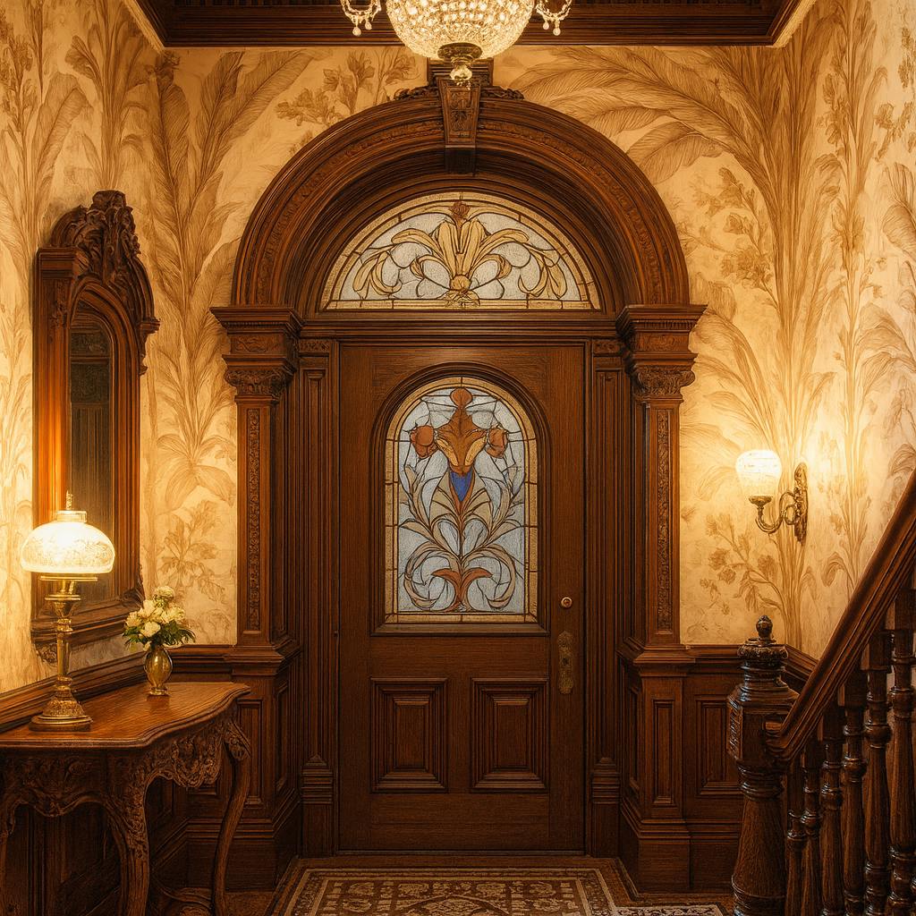 Sepia botanica wallpaper with a leafy pattern, decorating an elegant hallway.