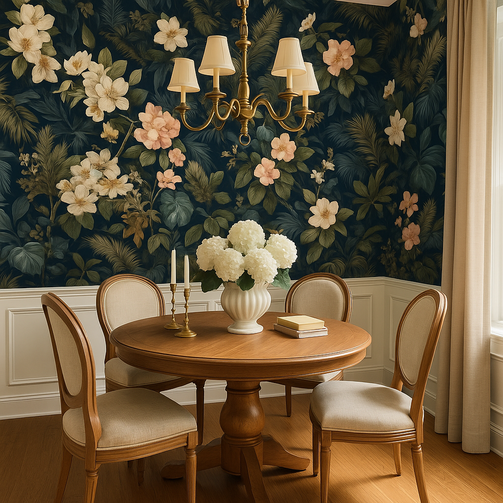 Midnight Bloom Wallpaper with botanical floral pattern on a dark teal background.