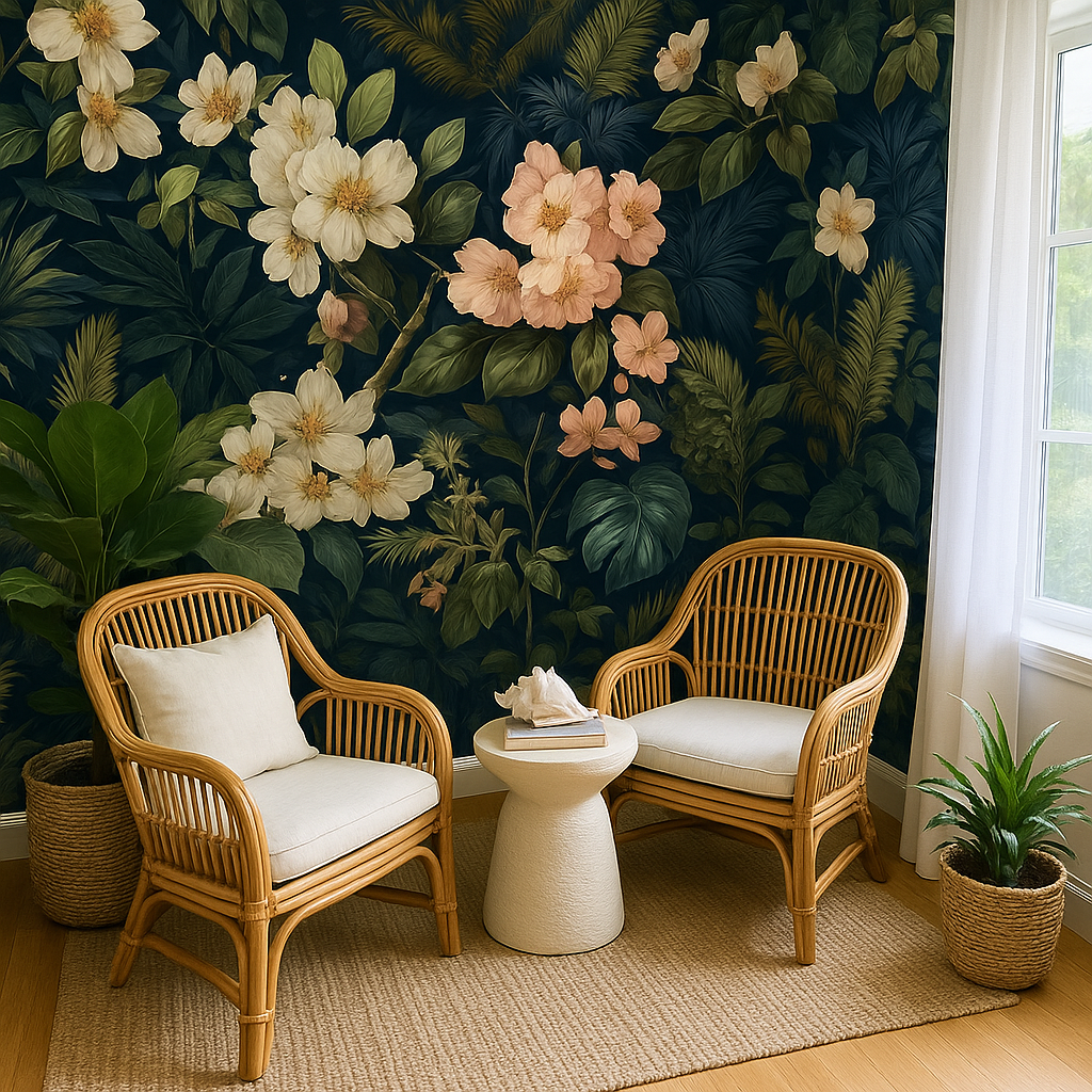 Midnight Bloom wallpaper with floral pattern over a dark background.
