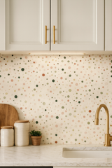 Confetti Garden wallpaper with polka dot pattern, including pink, green, and brown hues.
