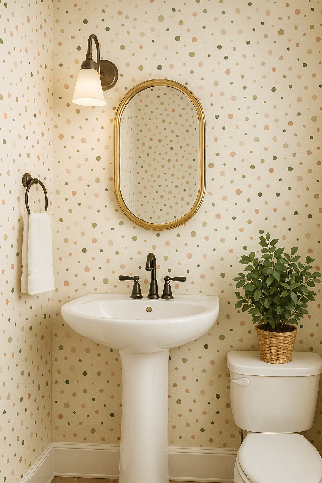 Confetti Garden Wallpaper with green and peach dots on off-white, decorative bathroom wallpaper.
