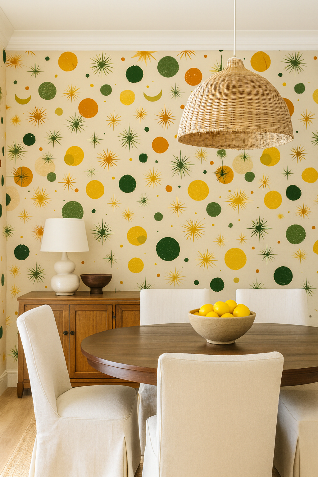 Atomic Yucca Wallpaper with yellow, orange, and green atomic stars and circles pattern.
